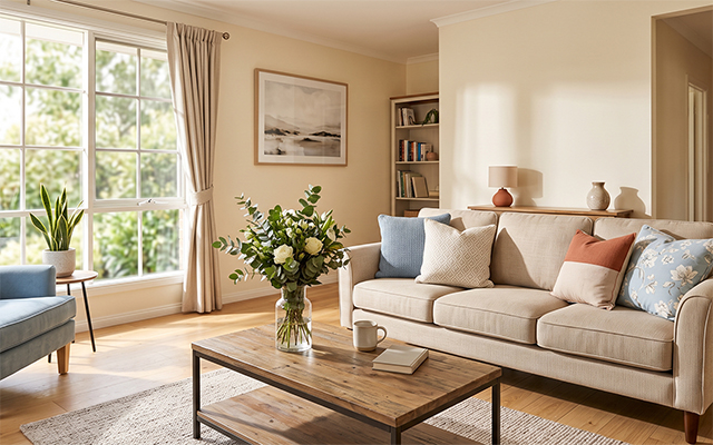 A bright, spotless residential living room in the San Fernando Valley, showcasing the high-quality home cleaning standards of Tidy Act.