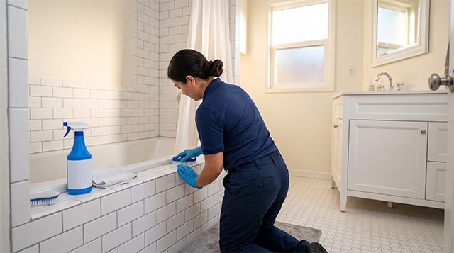 Cleaning professional scrubbing bathtub tile grout during a deep cleaning visit, Tidy Act Home Cleaning in the San Fernando Valley