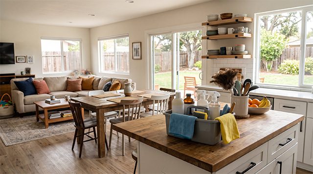 Bright open-concept kitchen and living room with cleaning caddy staged on the island, Tidy Act Home Cleaning in the San Fernando Valley