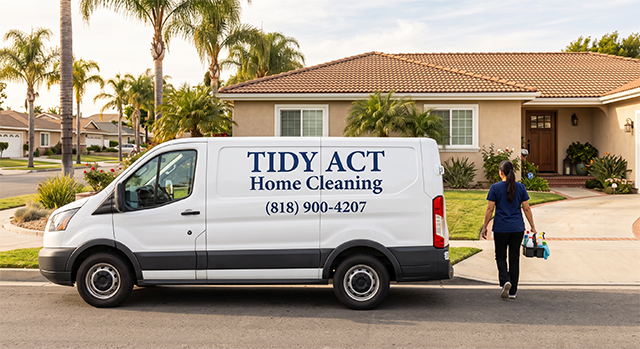 A Tidy Act Home Cleaning service van parked in front of a residential home in the San Fernando Valley, with a cleaning professional walking toward the house.