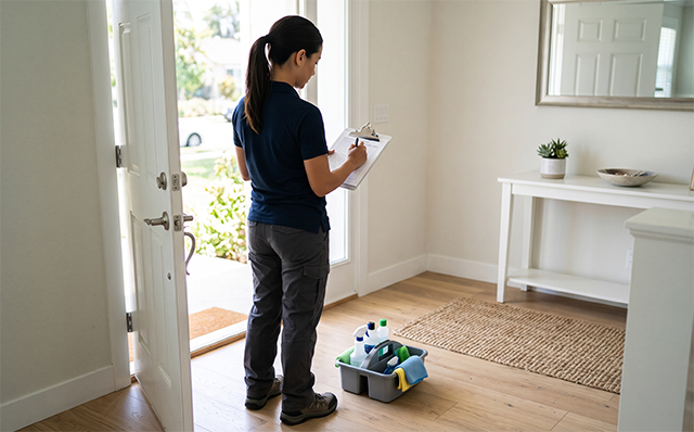 A Tidy Act cleaning professional reviewing a service checklist on a clipboard inside a client's front entryway.