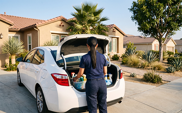 A professional home cleaner unloading cleaning supplies from the trunk of a car in a San Fernando Valley residential driveway.