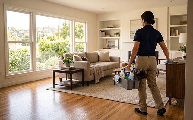 Insured cleaning professional carrying a supply caddy through a tidy San Fernando Valley living room, representing Tidy Act's home cleaning service