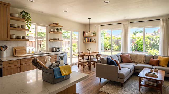 Bright open-concept kitchen and living room with cleaning caddy staged on the island, Tidy Act Home Cleaning services in the San Fernando Valley