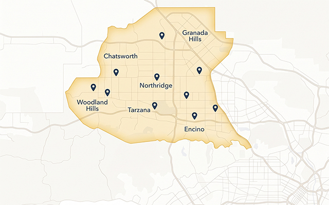 A service area map highlighted in gold showing Tidy Act Home Cleaning's service coverage across the San Fernando Valley, including Northridge, Chatsworth, Granada Hills, Woodland Hills, Tarzana, and Encino.