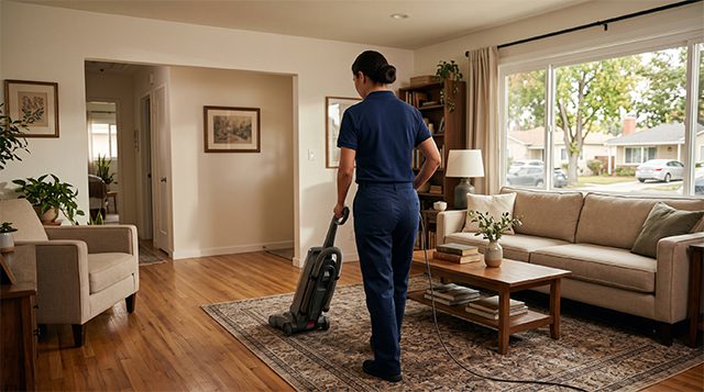 Cleaning professional vacuuming a living room rug, Tidy Act Home Cleaning One-Time Cleaning service in the San Fernando Valley