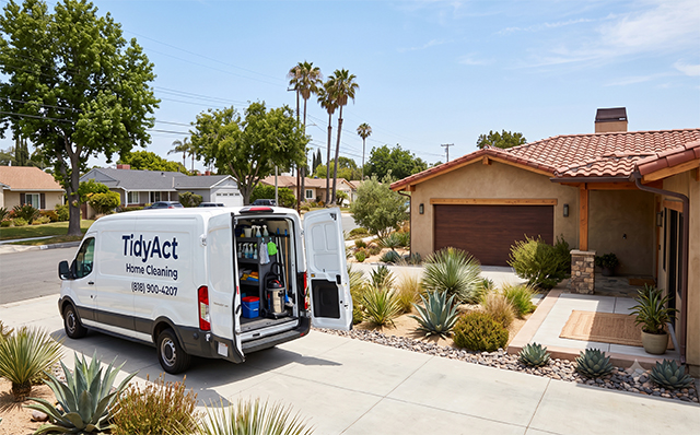 A Tidy Act Home Cleaning service van with its back doors open, parked in the driveway of a suburban residential home in the San Fernando Valley.