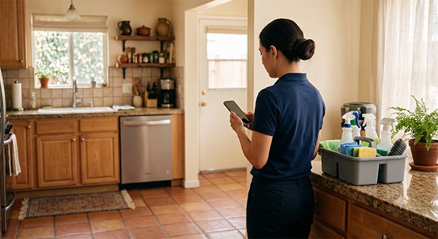 Cleaning professional confirming appointment details on phone in client kitchen
