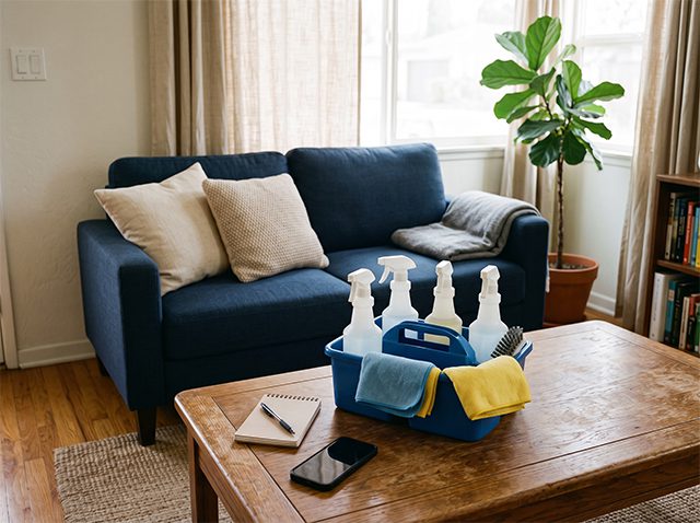 Cleaning caddy, phone, and notepad on a table, inviting visitors to contact Tidy Act Home Cleaning