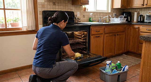 Cleaning professional scrubbing oven interior during deep cleaning service