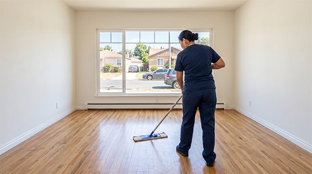 Cleaning professional mopping an empty room during a move-out cleaning, Tidy Act Home Cleaning in the San Fernando Valley