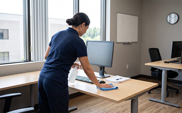 Insured cleaning professional wiping down office desk in San Fernando Valley workspace