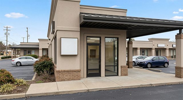 Small professional office storefront exterior, under 1,500 square feet