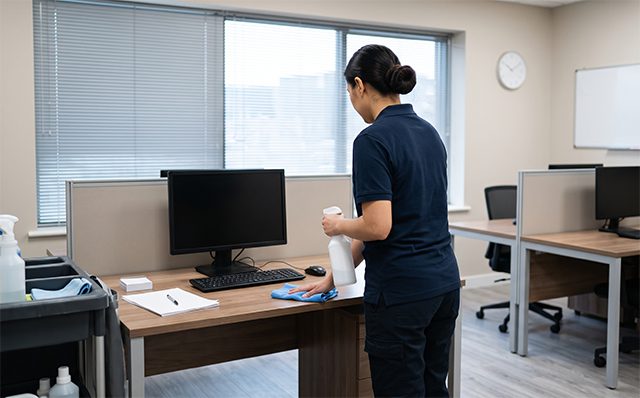 Cleaning cart and supplies in office cubicle during commercial cleaning service