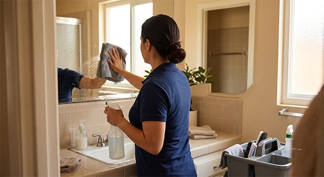 Cleaning professional wiping bathroom window during one-time cleaning service