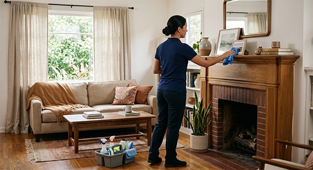 Cleaning professional dusting mantel during standard home cleaning service